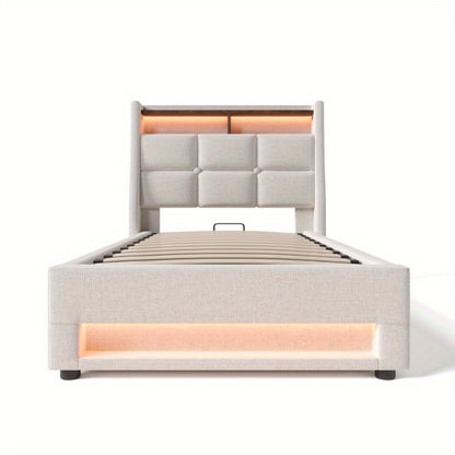 Eenpersoonsbed – 1-persoonsbed – Bed – Slaapbed – Logeerbed – Metalen Frame – Linnen Bekleding – Inclusief Matras – 90x200 cm