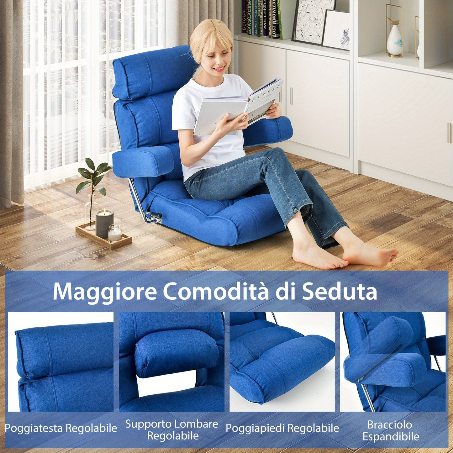 Vloersofa – Vloerstoel – Slaapbank – Loungestoel – Relaxfauteuil – Verstelbare Hoofdsteun – Traagschuim Kussen