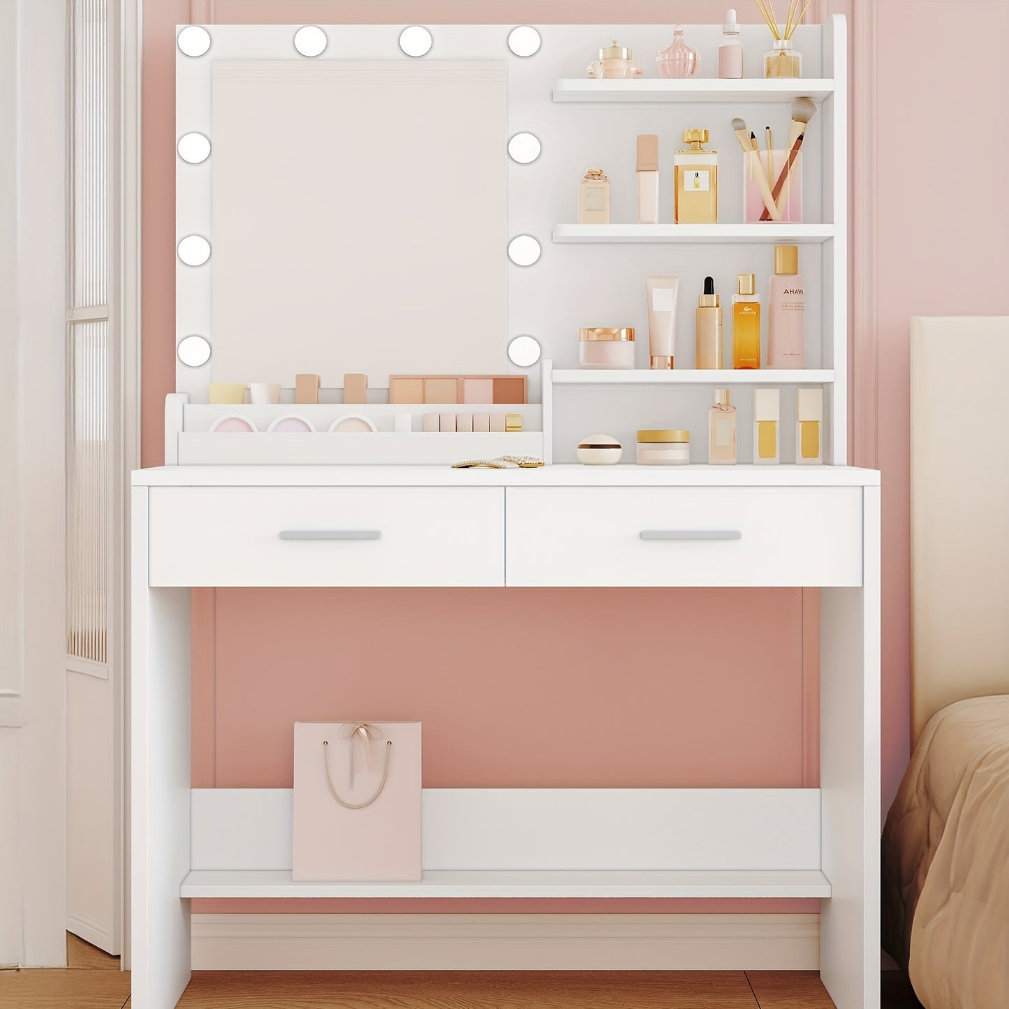 Dressing Table – Make-up Tafel – Vanity – Make-up Spiegel – Kaptafel – LED Verlichting – 90 cm Wit – 3 Helderheidsniveaus – 2 Laden & 4 Open Vakken