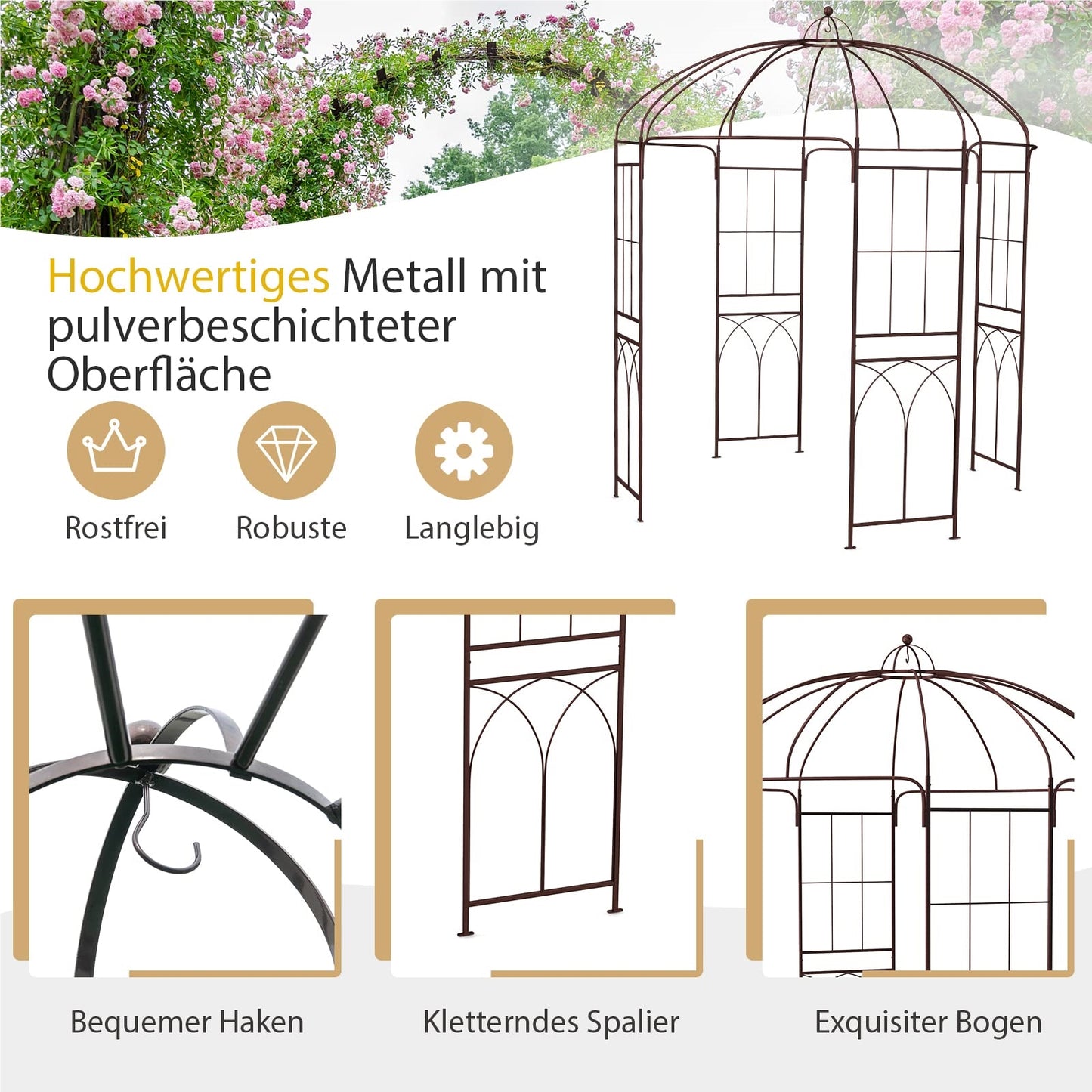 Metaal Boog – Tuinboog – Klimrek – Rozenboog – Tuintoren – Grote Oppervlakte 211x211x256 cm – Roestbestendig Bronzen Frame