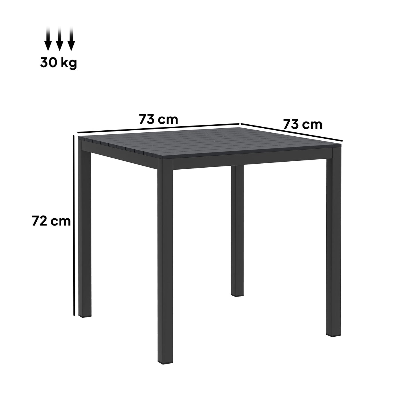 Weerbestendige Tuin- en Terrastafel – Buiten Tafel – Balkon Tafel – Camping Tafel – Tuinmeubel – Zwart – Aluminium Frame – Houtlook Kunststof Blad – 73x73 cm – Voor 4 Personen