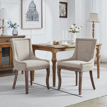 Eetkamerstoel – Stoel – Dining Chair – Zitstoel – Eetkamerstoel Set – Beige Kleur – Dikke Stoffen Zitting – Bronze Spijkerband Afwerking