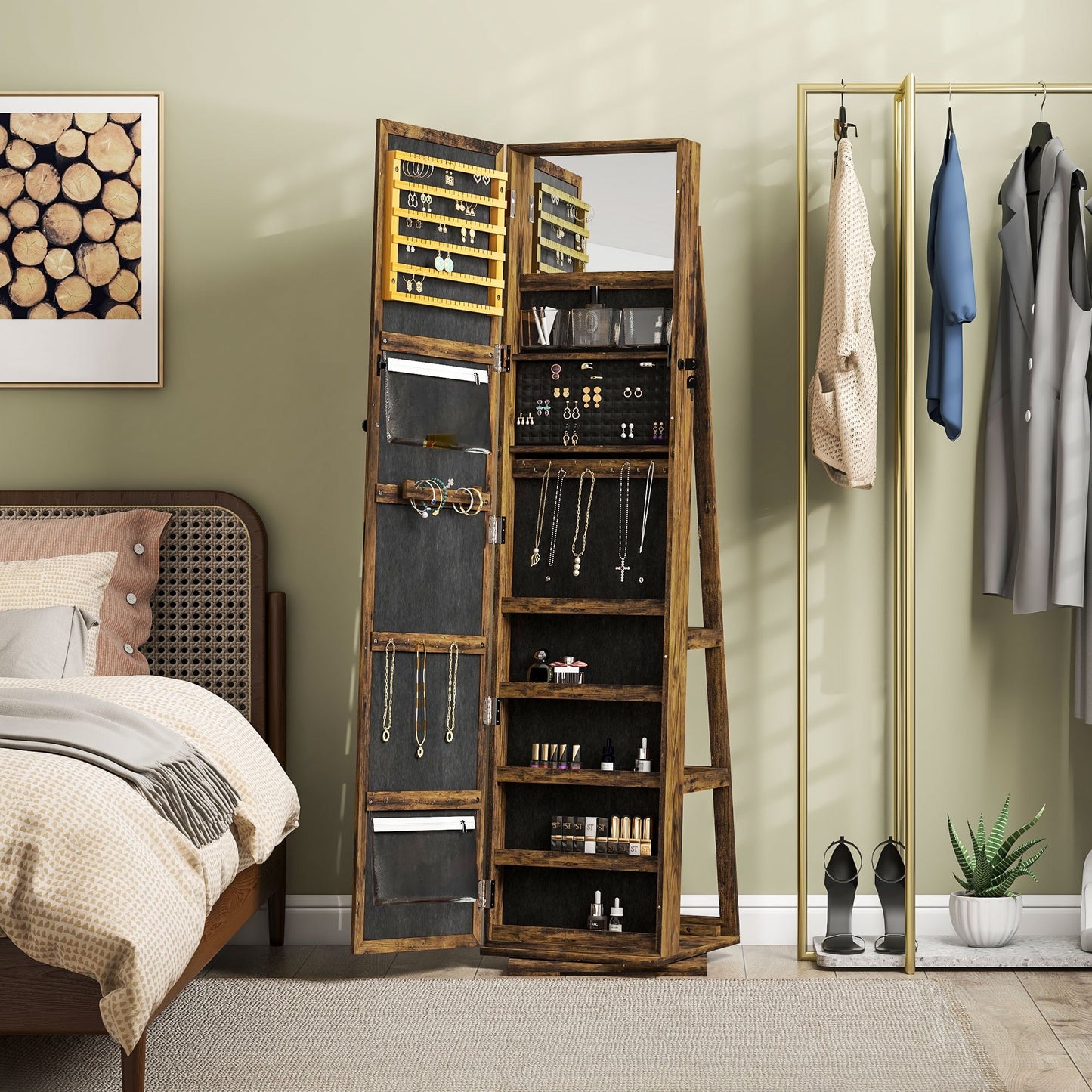 Draaibare Sieradekast – Sieradenkast – Sieradenbox – Jewelry Armoire – Sieradenkistje – Met Spiegel – Lockbaar – Compacte Opbergruimte Chestnut