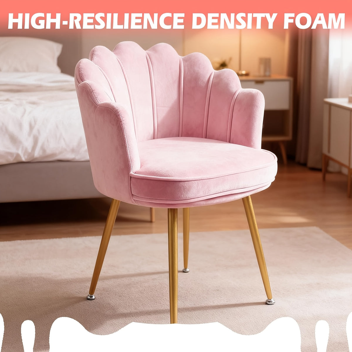 Pink Velvet Dressing and Dining Chair | Petal-shaped Backrest and Armrests with Golden Metal Legs, Suitable for Bedroom, Dining Room, Study - MSFE