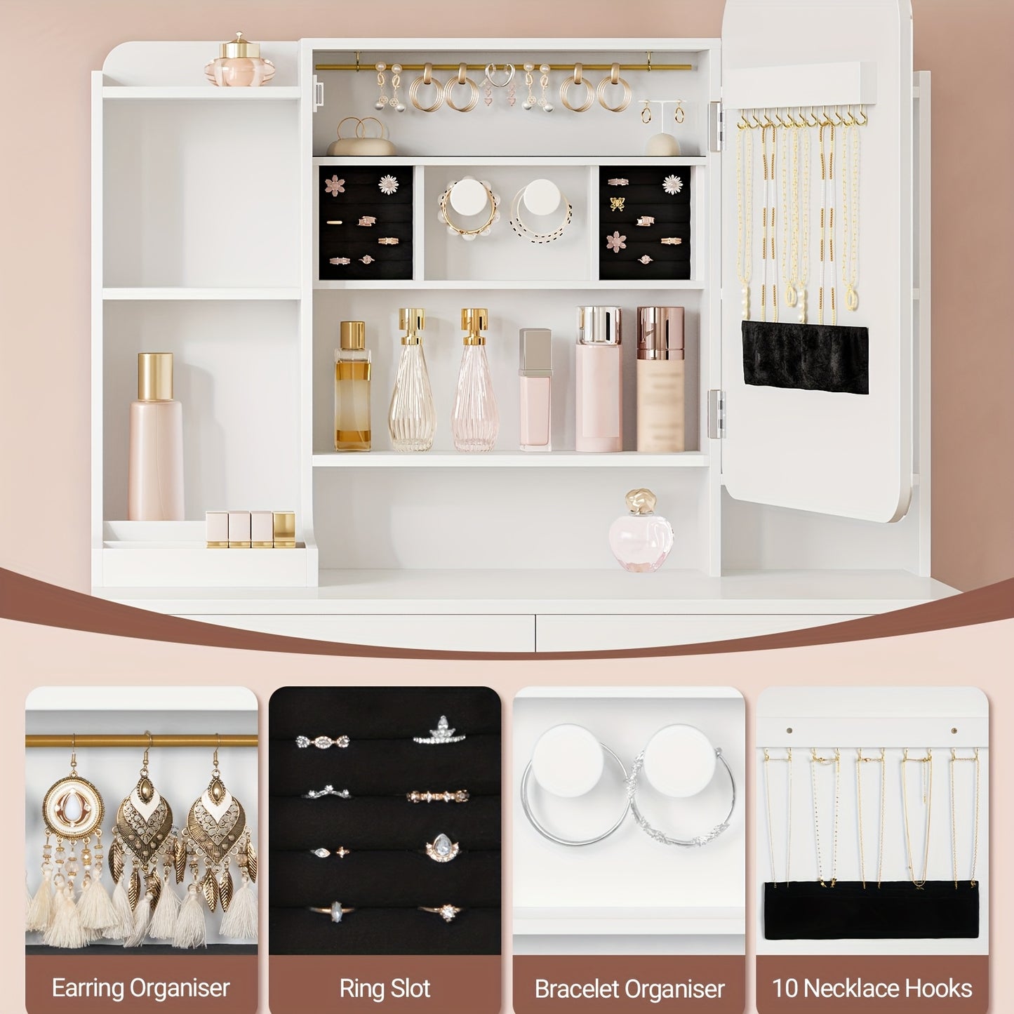 Dressing Table With LED Lighting, Large 90cm Table Top, Dresser With Arched Round Mirror, Hidden Jewellery Organiser Behind The Mirror, 3 Colours, White