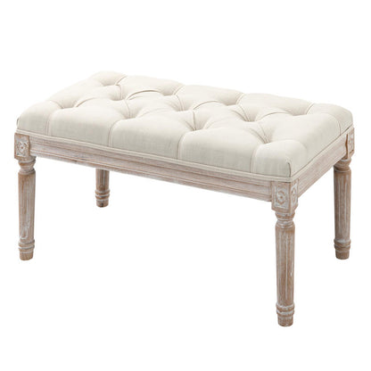 Poef met opbergruimte – Opberghocker – Hocker – Opbergbankje – Voetenbank – Gestoffeerde zitting – Stevige houten poten – 80x40x43 cm – Creme linnenlook
