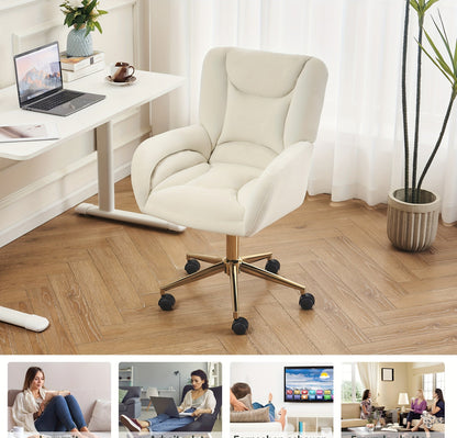 Bureaustoel – Draaistoel – Office Chair – Kantoorstoel – Bureaustoelen – Velvet Ivoor – Verstelbare Hoogte – Gouden Metalen Poten