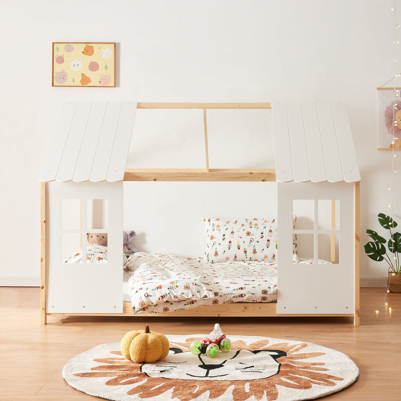 Kinderbed – Halfopen Huisbed – Huisvormig Bed – Kinderbed Frame – Bed Voor Kinderen – 90x200 cm Wood/Wit – Massief Dennenhout – Sfeervolle Decoratieve Ramen