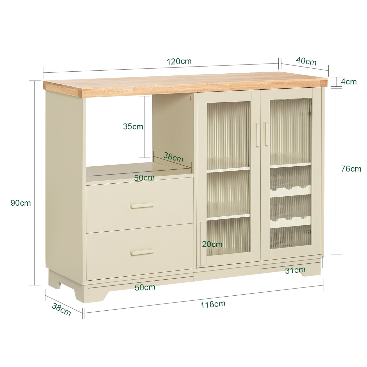 Keukenkast – Buffetkast – Opbergkast – Magnetronkast – Kast – Houtvezelplaat & Massief Hout – 120x40x90 cm – Ruime Indeling Met Glazen Deuren