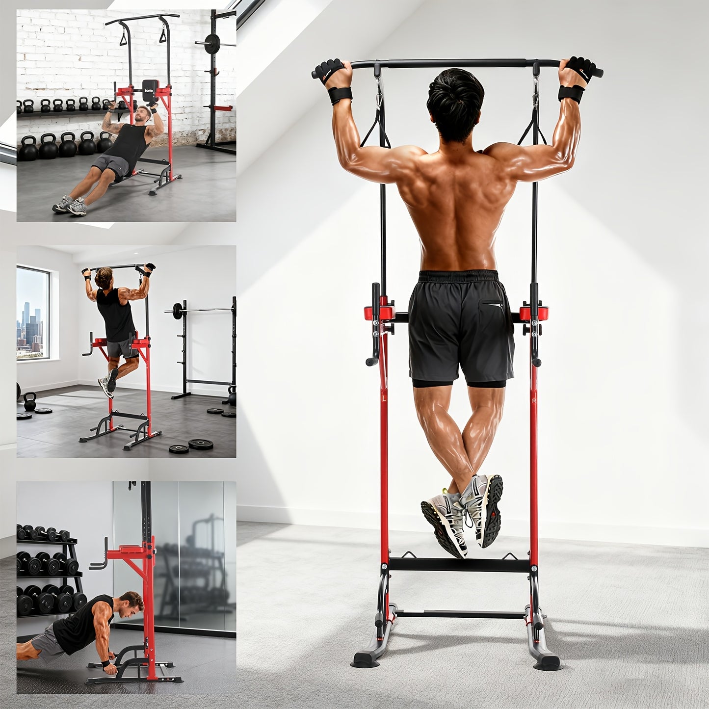 Verstelbare Pull-Up Bar Stand – Optrekstang – Klimrek – Fitnessrek – Trainingsrek – Zwart Rood – Verstelbare Hoogte 140-190 cm – Stevig Staal 120 kg Belastbaar