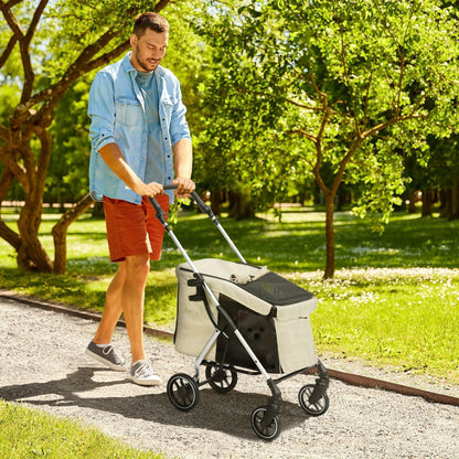 Hondenbuggy – Hondenwagen – Kattenbuggy – Dierenbuggy – Wandelwagen – Lichtgewicht Aluminium – Inklapbaar – Geschikt Tot 10 kg – Met Kussen – Ventilerende Mesh Ramen – Opbergbak – Khaki