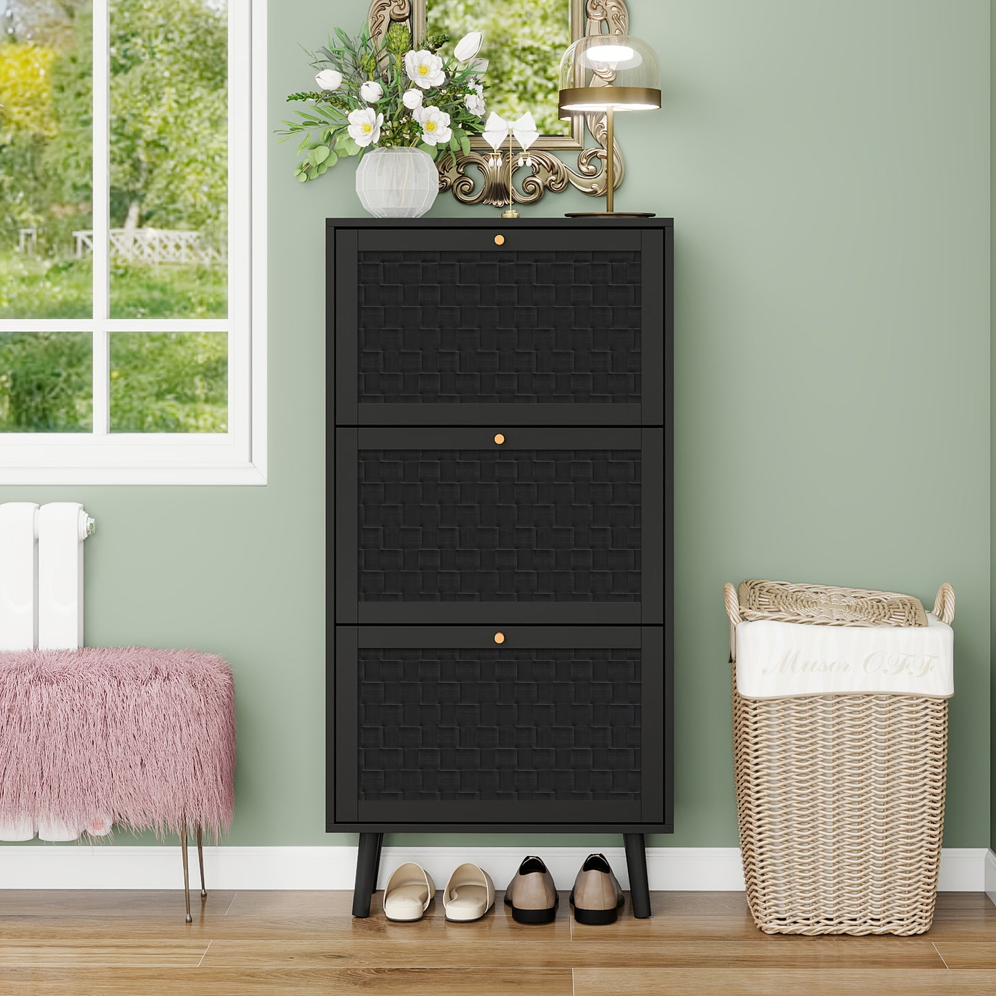 Schoenenkastje – Schoenenrek – Schoenopberger – Entreekast – Schoenmeubel – Zwart Bamboe – Boho Streepjespatroon – Compact 60x24x121 cm