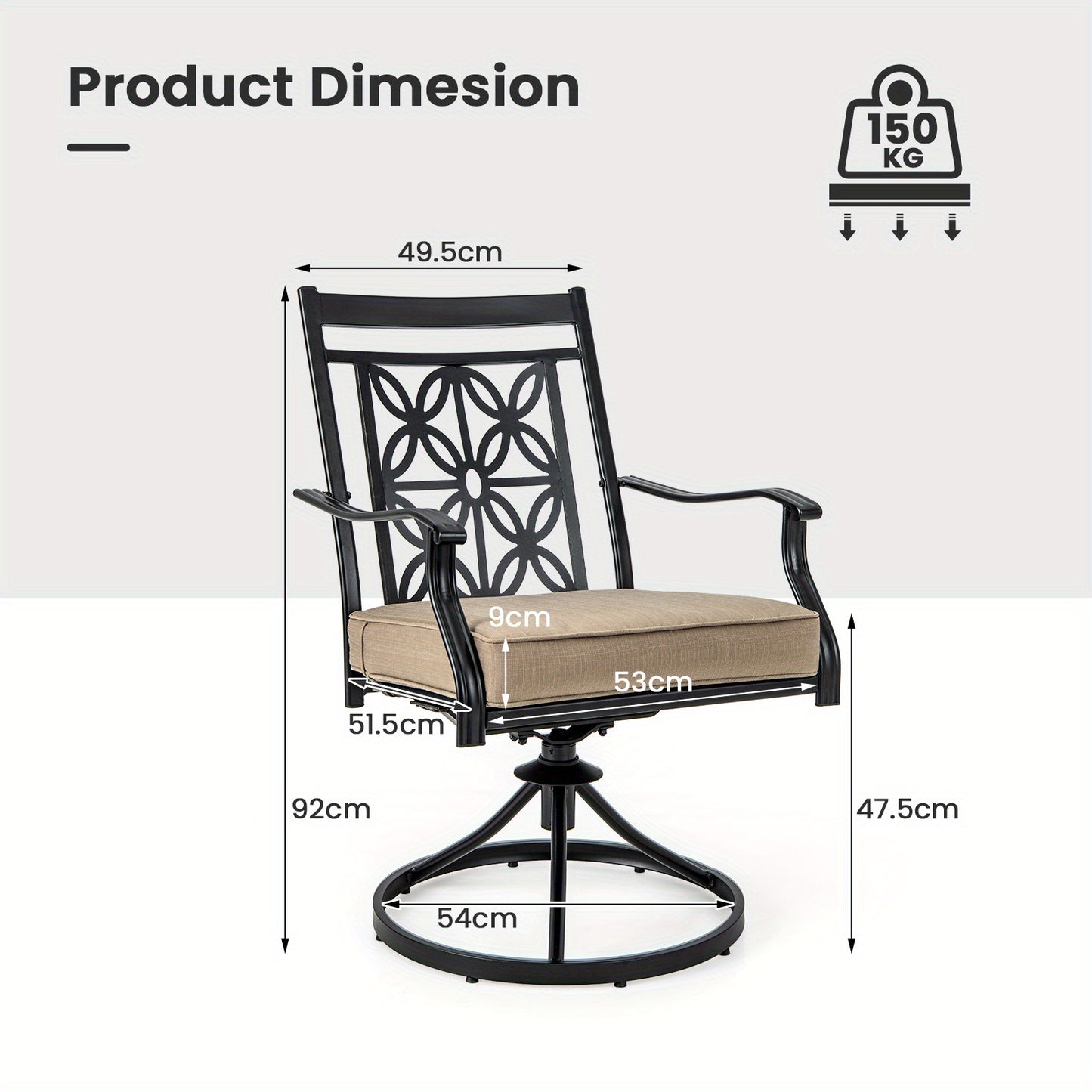 Patio Stoelen – Tuinstoelen – Balkonstoelen – Bistrostoelen – Draaistoelen – Metalen Frame – 360° Draaifunctie – Zachte Khaki Kussen