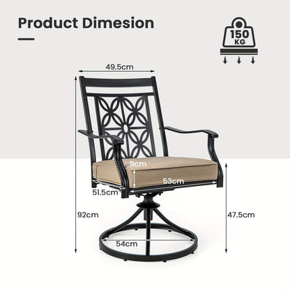 Patio Stoelen – Tuinstoelen – Balkonstoelen – Bistrostoelen – Draaistoelen – Metalen Frame – 360° Draaifunctie – Zachte Khaki Kussen