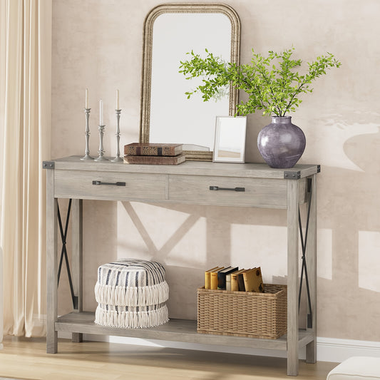 Industrial 78.74cm Console Table with Drawers & Open Shelf - Solid Narrow Sofa Table, Grey/Black-Finished Entryway Hall Table, Space-Saving 2-Tier for Living Room, Corridor, No Assembly Required (Modern Farmhouse Style)