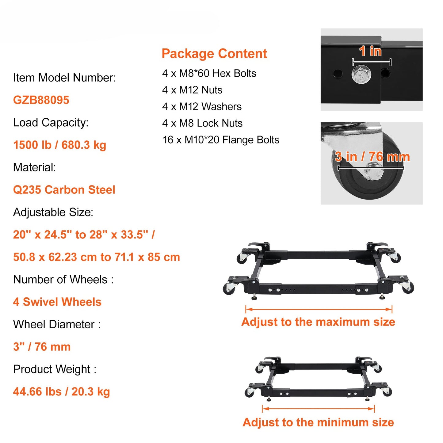 Mobiele Basis – Verstelbare Onderstel – Apparaten Dolly – Machine Rolling Frame – Zware Lasten Verplaatsing – 46x61 cm – Draagvermogen 680 kg – Q235 Koolstofstaal