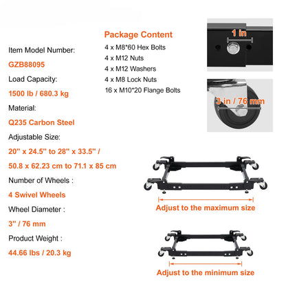 Mobiele Basis – Verstelbare Onderstel – Apparaten Dolly – Machine Rolling Frame – Zware Lasten Verplaatsing – 46x61 cm – Draagvermogen 680 kg – Q235 Koolstofstaal