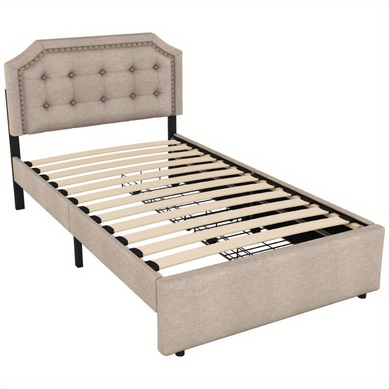 Bedtafel – Nachtkastje – Bedmeubel – Bedzijtafel – Opbergtafel – 90x200 cm – Donker Beige Met Dubbele Lades En Decoratieve Studs