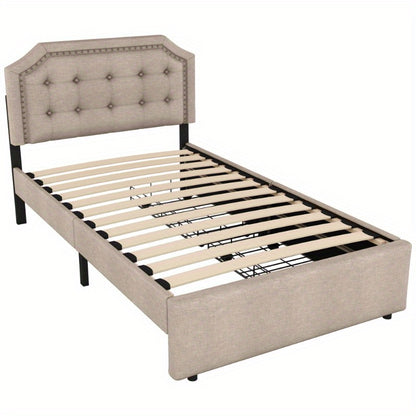 Bedtafel – Nachtkastje – Bedmeubel – Bedzijtafel – Opbergtafel – 90x200 cm – Donker Beige Met Dubbele Lades En Decoratieve Studs