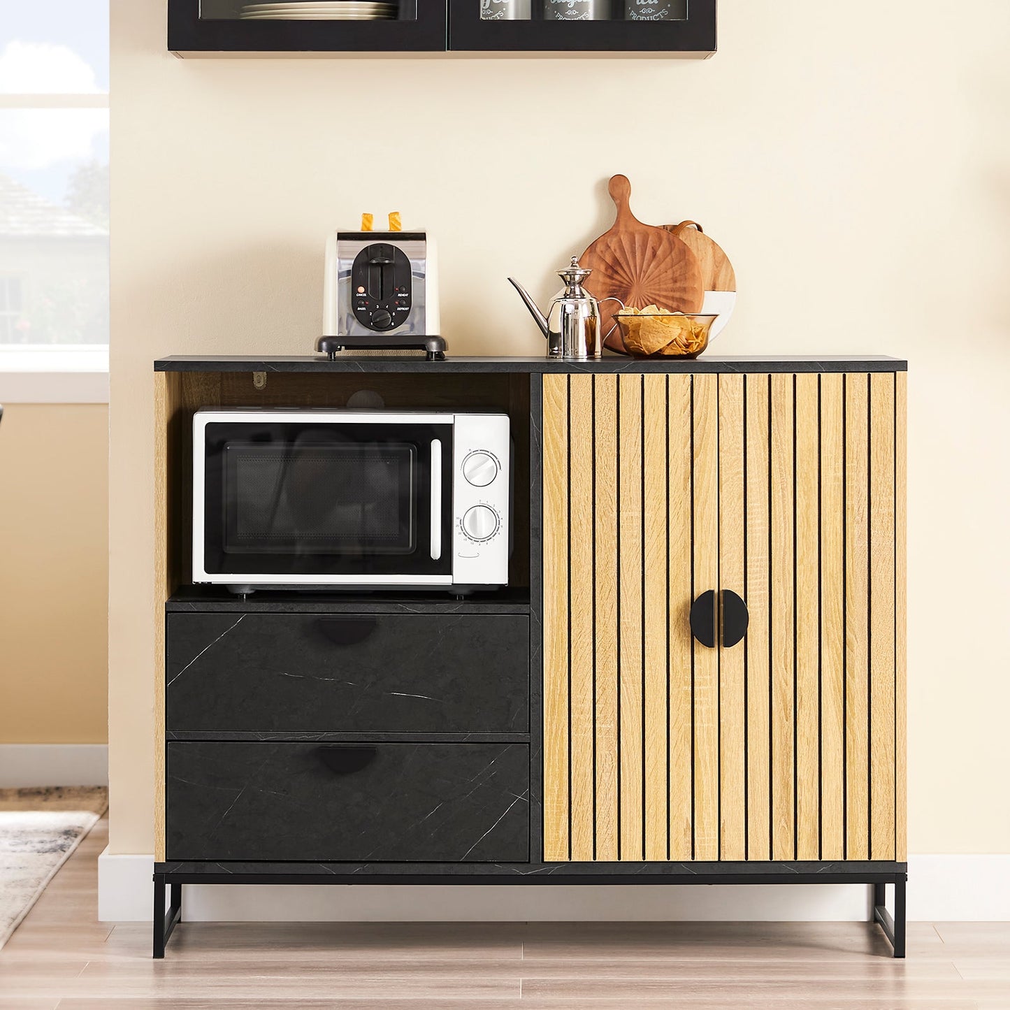 Keukenkast – Keukenbuffet – Opbergkast – Magnetronkast – Buffetkast – Met Magnetronvak en Verstelbare Plank – Eikenhout Zwart – Compact 107x85x40 cm