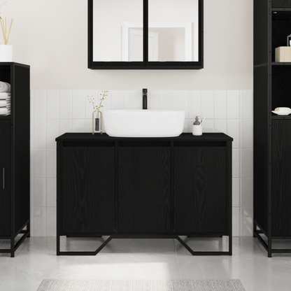 Badkamerkast – Badkamermeubel – Opbergkast – Waskast – Toiletkast – Zwarte Eiken – Compact 91x35x60 cm – MDF en Massief Hout – Wandhangend – Ruimtebesparend