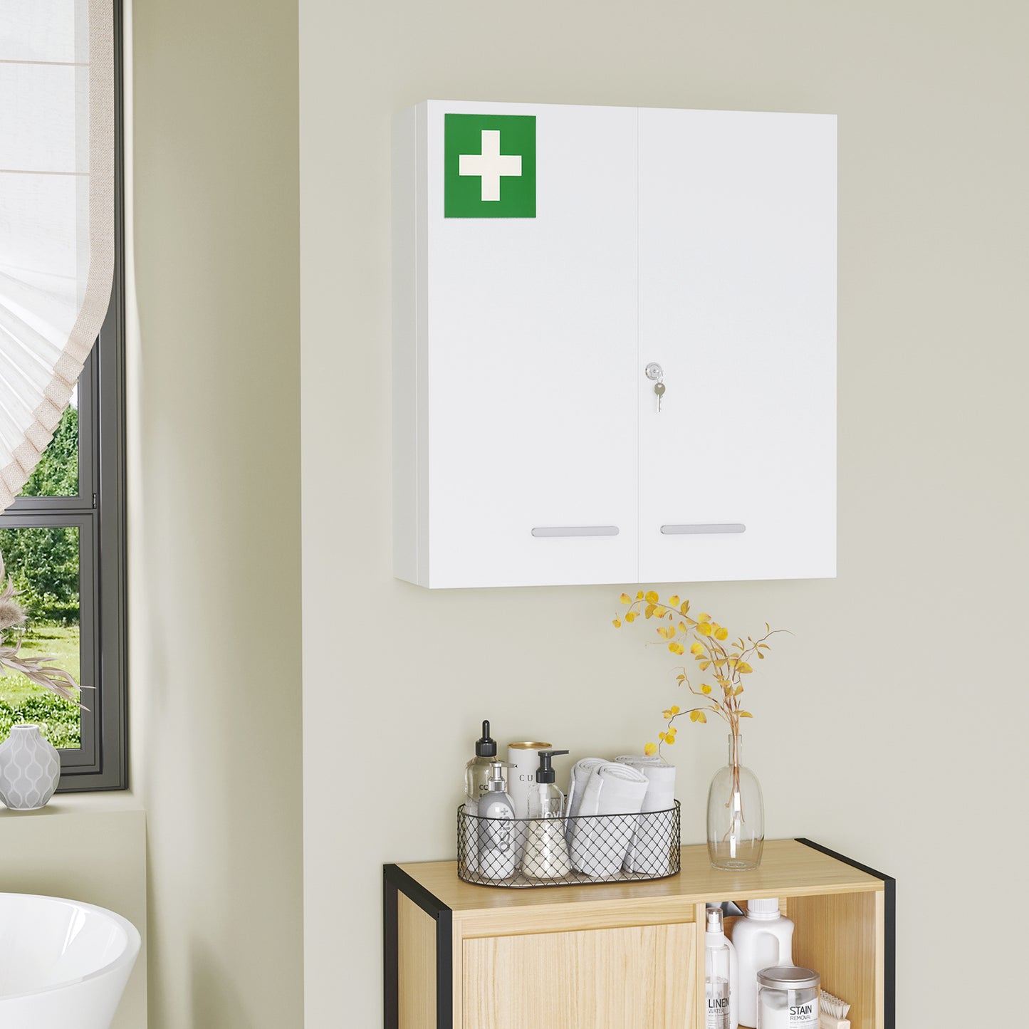 Medicijnkastje – Apothekerskast – Badkamerkast – Medicatiekast – Opbergkast – Met Slot en 2 Sleutels – Staal – 55x18x60 cm – Wandmontage – Kindveilig