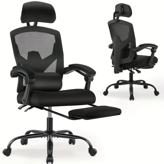 Bureaustoel – Kantoorstoel – Gamingstoel – Draaistoel – Ergonomische Stoel – Verstelbare Lendensteun – Ingebouwde Voetensteun – Zwart – Memory Foam & Metalen Frame