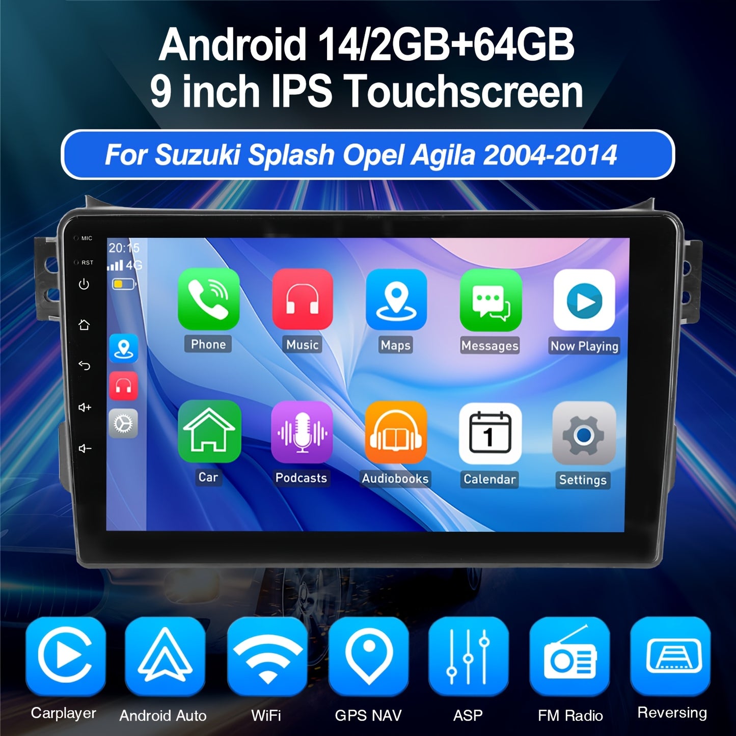 ESSGOO 2+64GB Android 14 Car Stereo Radio, 9 Inch/22.8cm IPS Screen 2 Din Multimedia Player, Android Auto & Wireless CarPlayer, FM/RDS Support Handsfree Calling Steering Wheel Control, for Suzuki Splash Opel Agila 2004-2014,