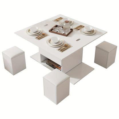 Salontafel – Woonkamertafel – Koffietafel – Bijzettafel – Tafel Met Opbergruimte – Modern Wit – Verstelbaar Blad – Lift-Top Mechanisme – Met 4 Krukken – Duurzame Metalen Constructie