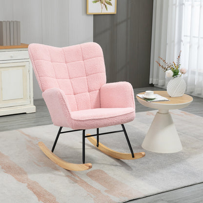 Schommelstoel – Relaxstoel – Rocking Chair – Armstoel – Retro Fauteuil – Massief Houten Frame – Zachte Roze Bekleding – 98x71x101 cm