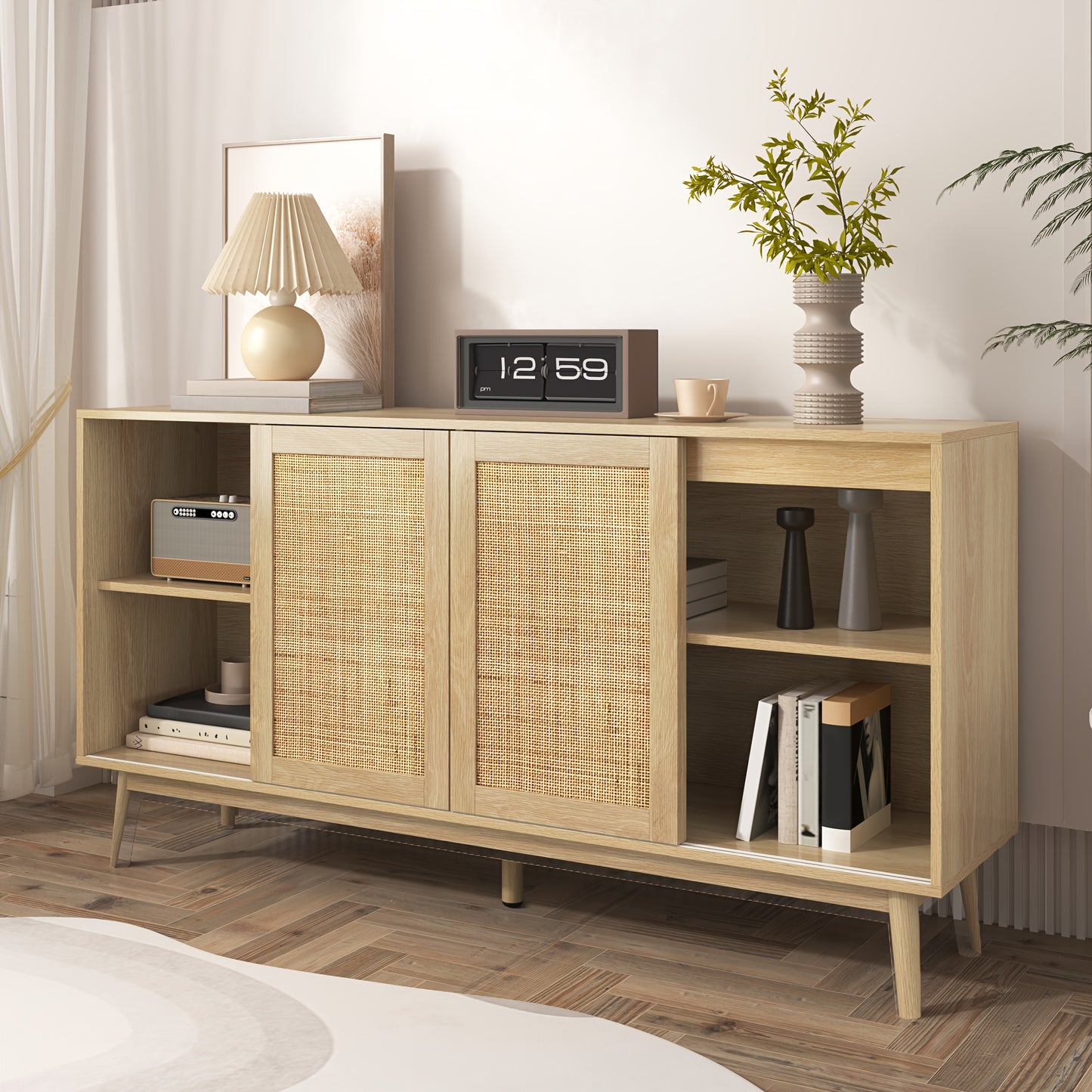 Bamboekast – Opbergkast – Ladekast – Kast – Boekenkast – Vloerstaande Kast – 3 Schuifdeuren – 2 Lades – Duurzaam Bamboe – Ruime Opbergruimte 155x38x80 cm