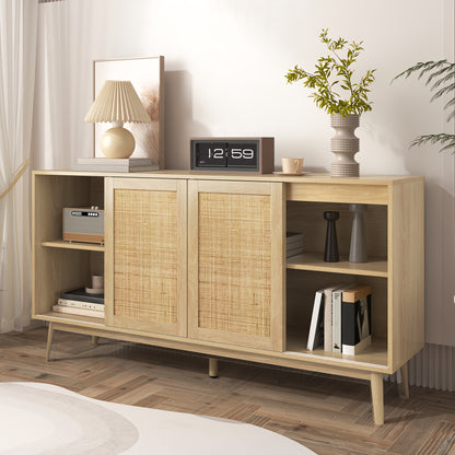 Bamboekast – Opbergkast – Ladekast – Kast – Boekenkast – Vloerstaande Kast – 3 Schuifdeuren – 2 Lades – Duurzaam Bamboe – Ruime Opbergruimte 155x38x80 cm