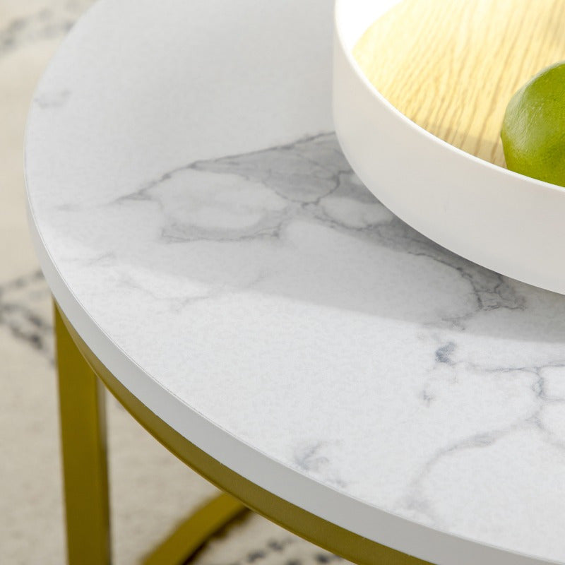 Ronde Bijzettafel – Salontafel – Eettafel – Accenttafel – Tafeltje – Stalen Frame – Marmerlook Wit – 30kg Draagkracht – Stapelbaar 2-delig Set
