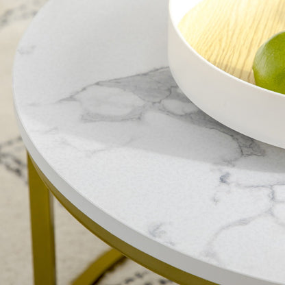 Ronde Bijzettafel – Salontafel – Eettafel – Accenttafel – Tafeltje – Stalen Frame – Marmerlook Wit – 30kg Draagkracht – Stapelbaar 2-delig Set