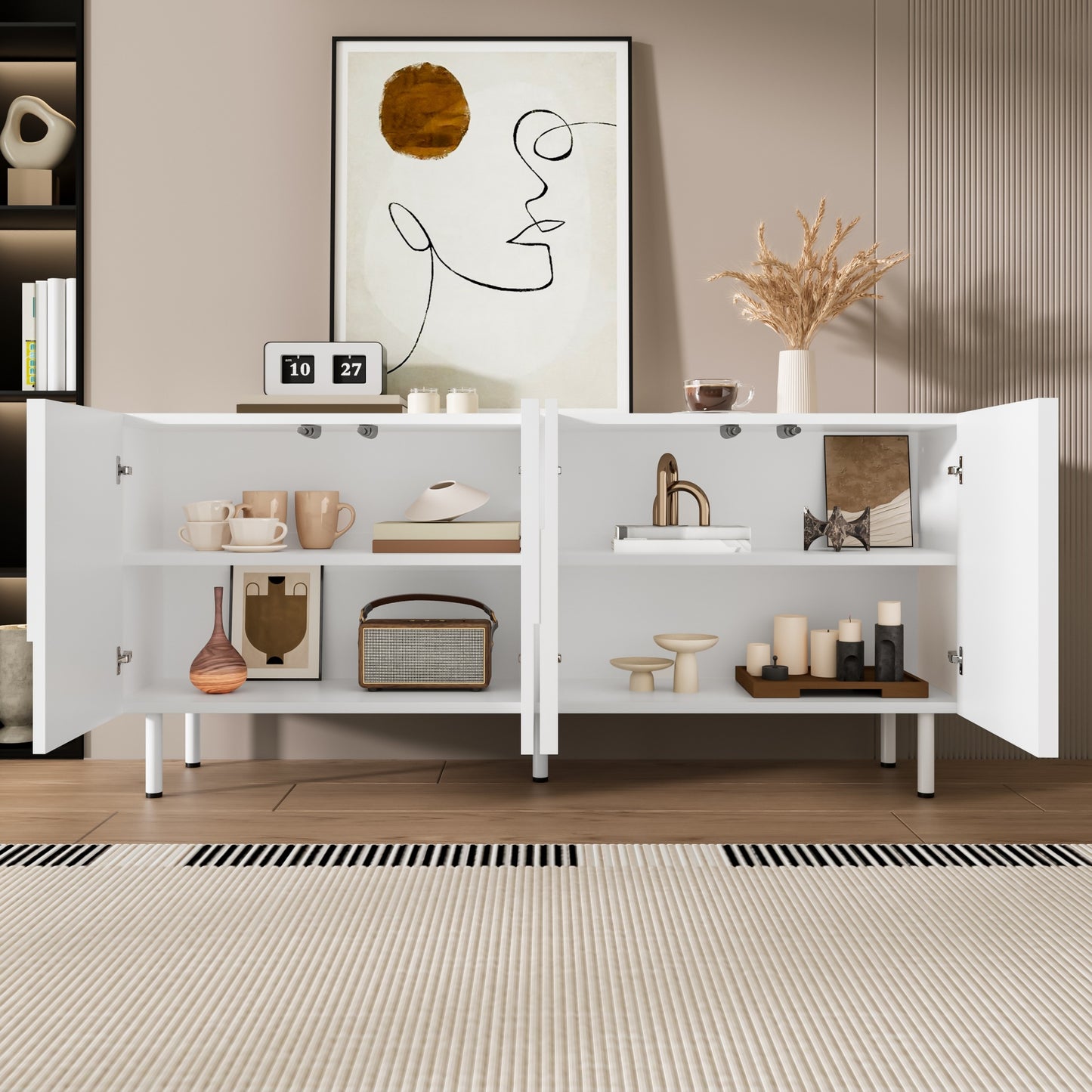 Dressoirkast – Sideboard – Opbergkast – Woonkamerkast – Dressoir Wit – Modern 3D Geometrisch Design – Ruime Afmetingen 160x38,5x70 cm