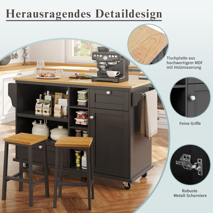 Keukeneiland – Keukenwagen – Keukentrolley – Mobiel Keukeneiland – Keukenkar – Mobiel Opbergrek – Wieltjes – MDF Werkblad – 129x46x92 cm – Zwarte Basis met Lichtbruin Werkblad