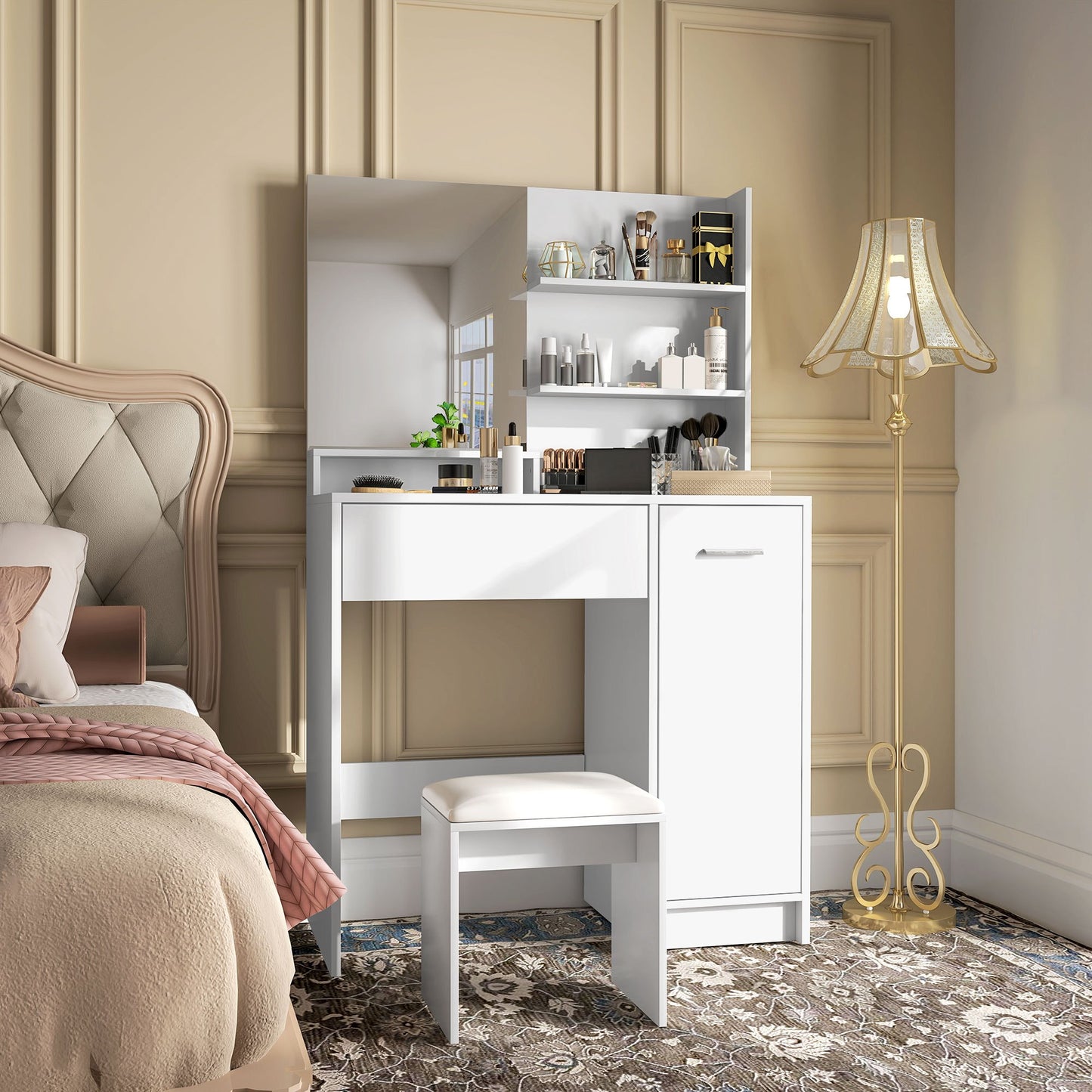 Kaptafel – Make-up Tafel – Toilettafel – Visagie Meubel – Schoonheidstafel – Met Spiegel en Kruk – Anti-Kantel Systeem – Grote Opbergruimte