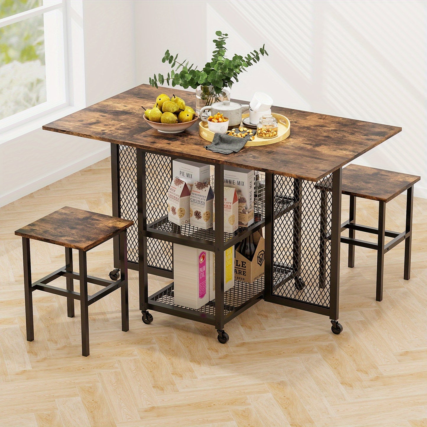 3-delige Opvouwbare Eettafel Set – Uitklapbare Eettafel – Keukentafel – Klaptafel – Stoelenset – Met 2 Krukken – Met Opbergrekken – Vergrendelbare Wielen – Compact Voor Kleine Ruimtes