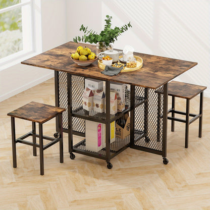 3-delige Opvouwbare Eettafel Set – Uitklapbare Eettafel – Keukentafel – Klaptafel – Stoelenset – Met 2 Krukken – Met Opbergrekken – Vergrendelbare Wielen – Compact Voor Kleine Ruimtes