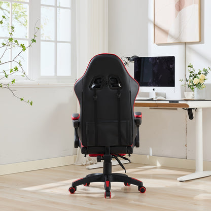 Gamingstoel – Gamestoel – Gaming Chair – Game Stoel – Bureaustoel – Ergonomisch – Echt Leer – 360° Draaibaar – Verstelbare Hoogte en Voetsteun – Rood/Zwart