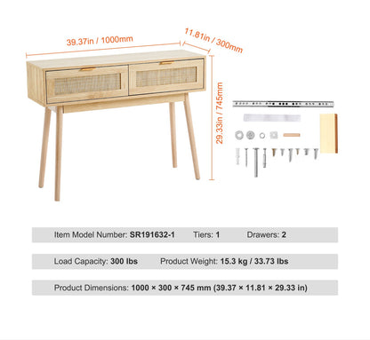 Sidetable – Wandtafel – Console – Haltafel – Bijzettafel – Natuurlijk Rattan – 2 Laden – Duurzaam MDF