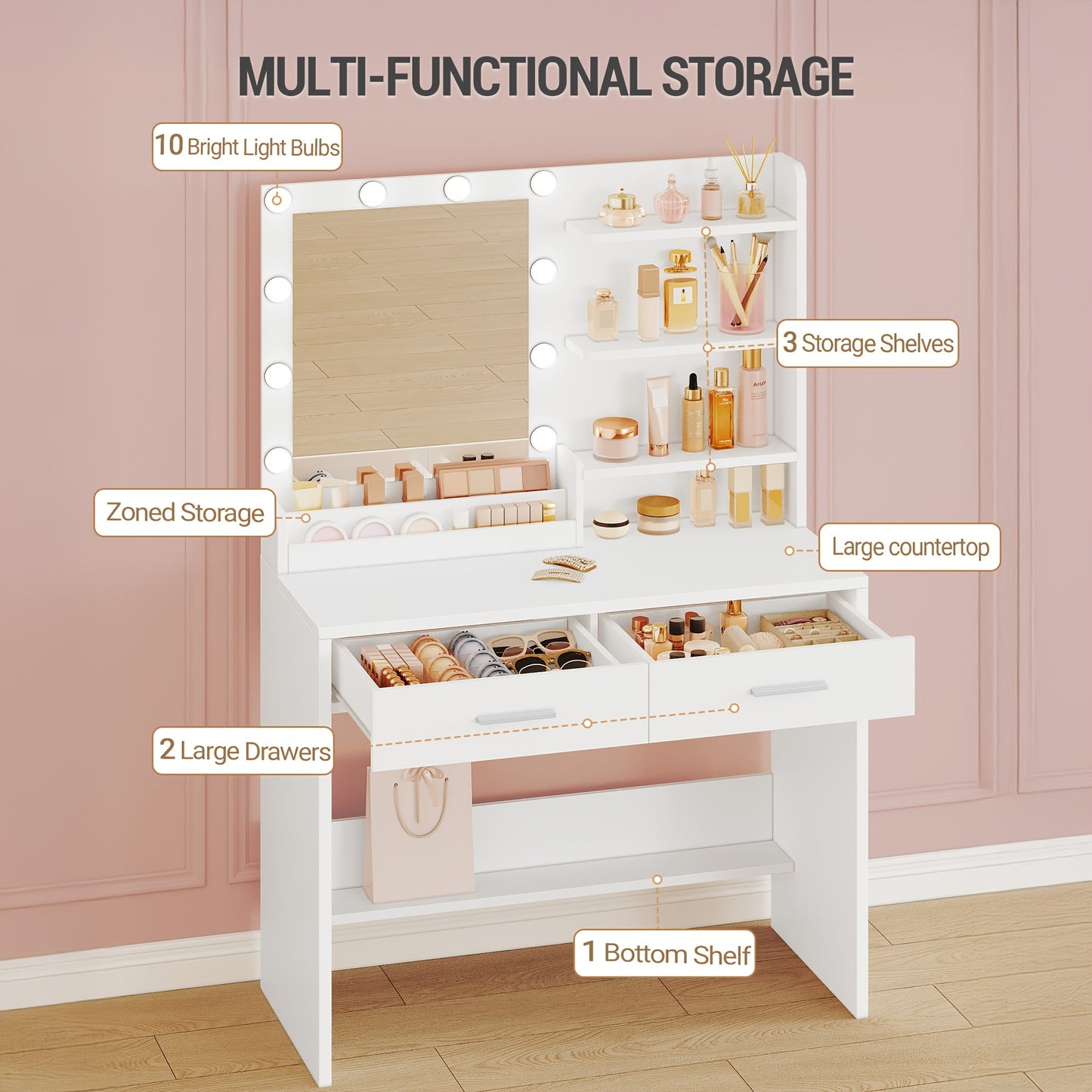 Kaptafel – Make-up Tafel – Opmaktafel – Visagietafel – Beautytafel – Met Spiegel en LED Verlichting – 2 Lades en 4 Open Vakken – Modern Wit – 3 Lichtstanden