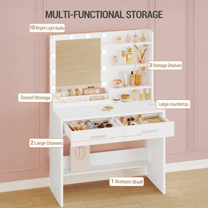 Kaptafel – Make-up Tafel – Opmaktafel – Visagietafel – Beautytafel – Met Spiegel en LED Verlichting – 2 Lades en 4 Open Vakken – Modern Wit – 3 Lichtstanden
