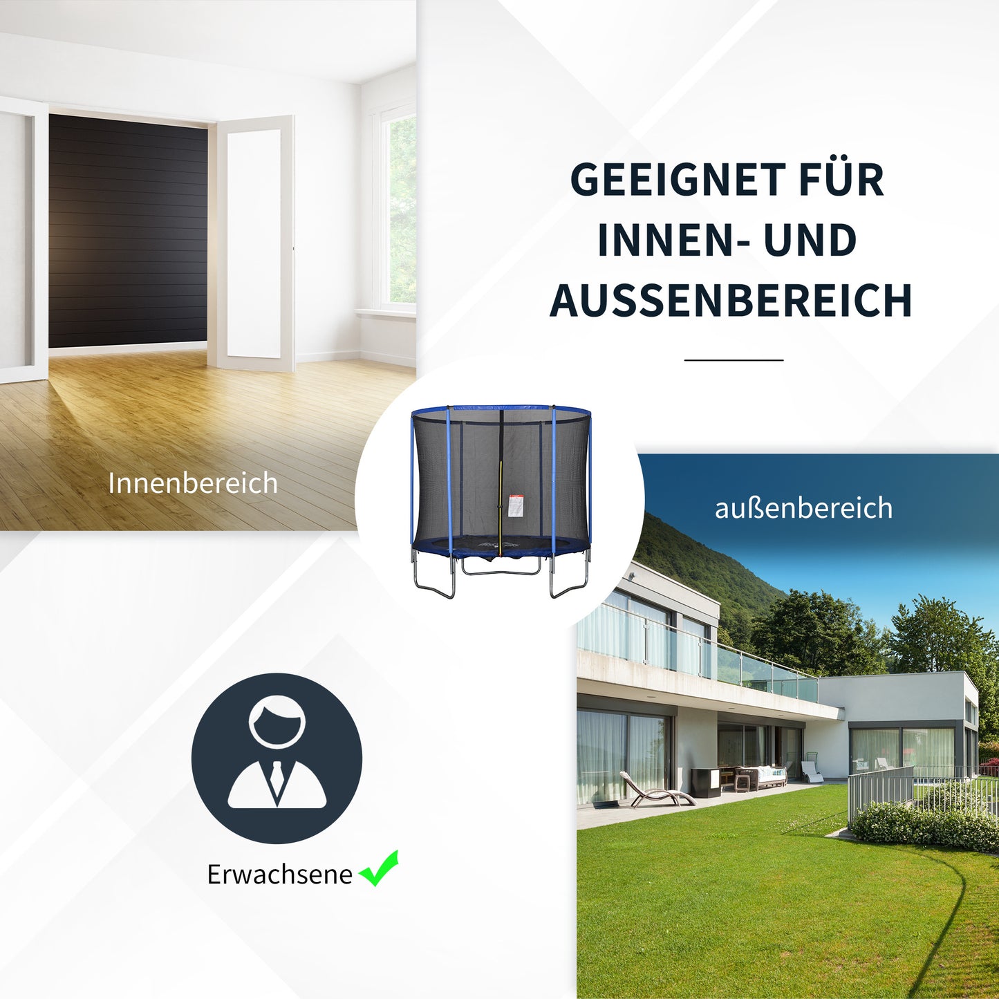 Trampoline – Springkussen – Fitness Trampoline – Tuin Trampoline – Binnen Trampoline – Veiligheidsnet Rondom – Draagvermogen 113,6 Kg – Ø244 x 240 Cm Steel Blue & Zwart