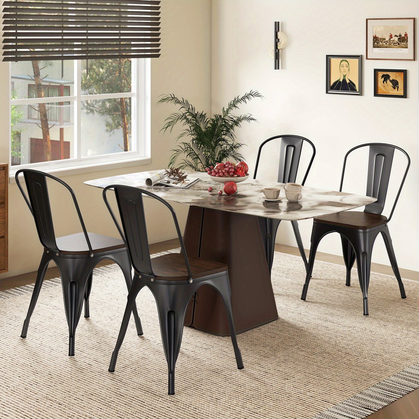 Eetkamerstoelen – Keukenstoelen – Stapelbare Stoelen – Metalen Stoelen – Houten Zitvlak – Set Van 4 – Afneembare Rugleuning – Ruimtebesparend Design – Bruin