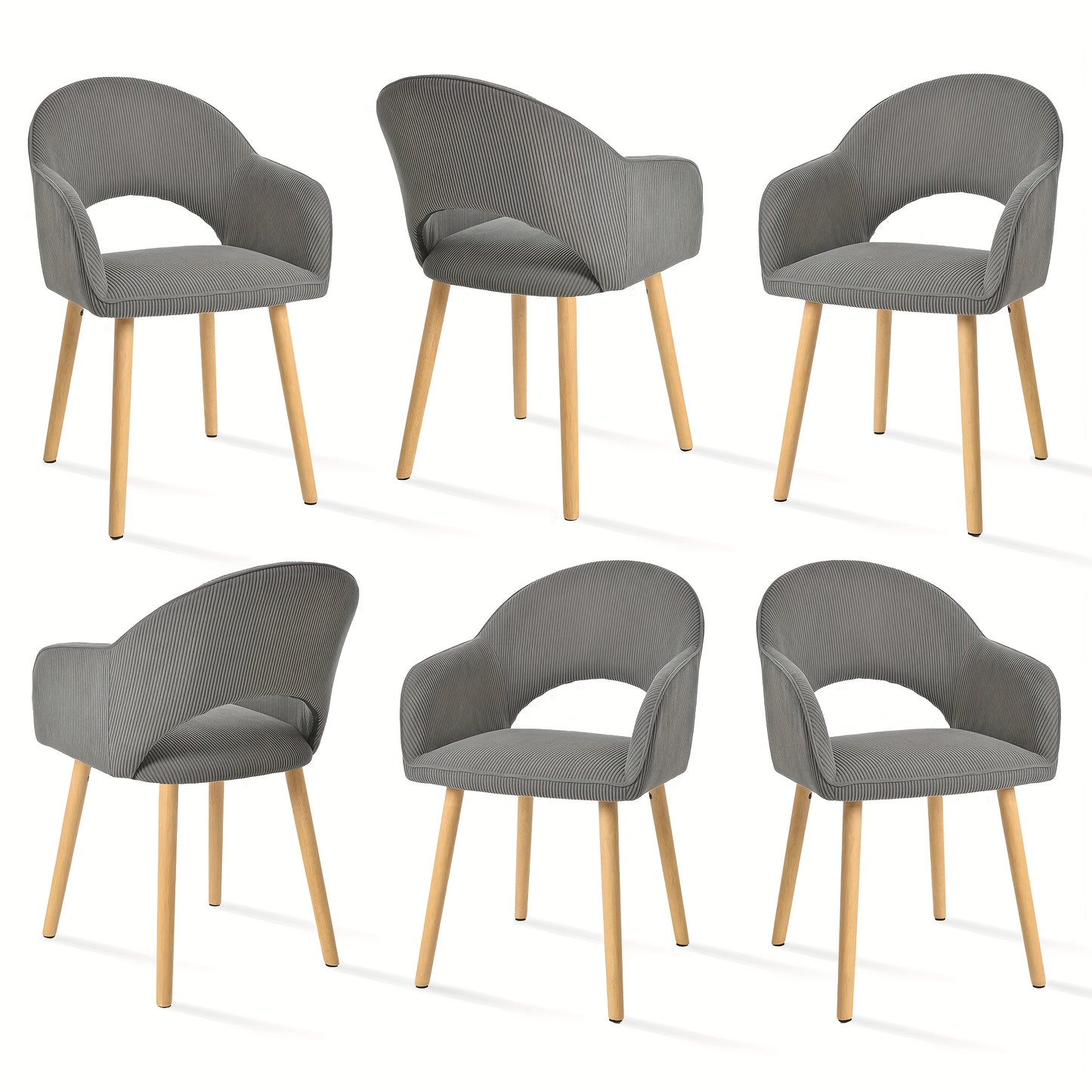 Eetkamerstoelen – Stoelen – Dining Chairs – Armstoelen – Loungestoelen – Set van 6 – Donkergrijs Corduroy – Massief Houten Poten – Comfortabele Schuimzitting