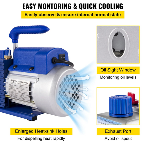 Vacuumpomp - 1.8CFM - 2 fasen - 1HP Koelmiddel Vacuümpomp - Koelgereedschap - HVAC-koeling - met spruitstukmeter - Blauw - QUORE