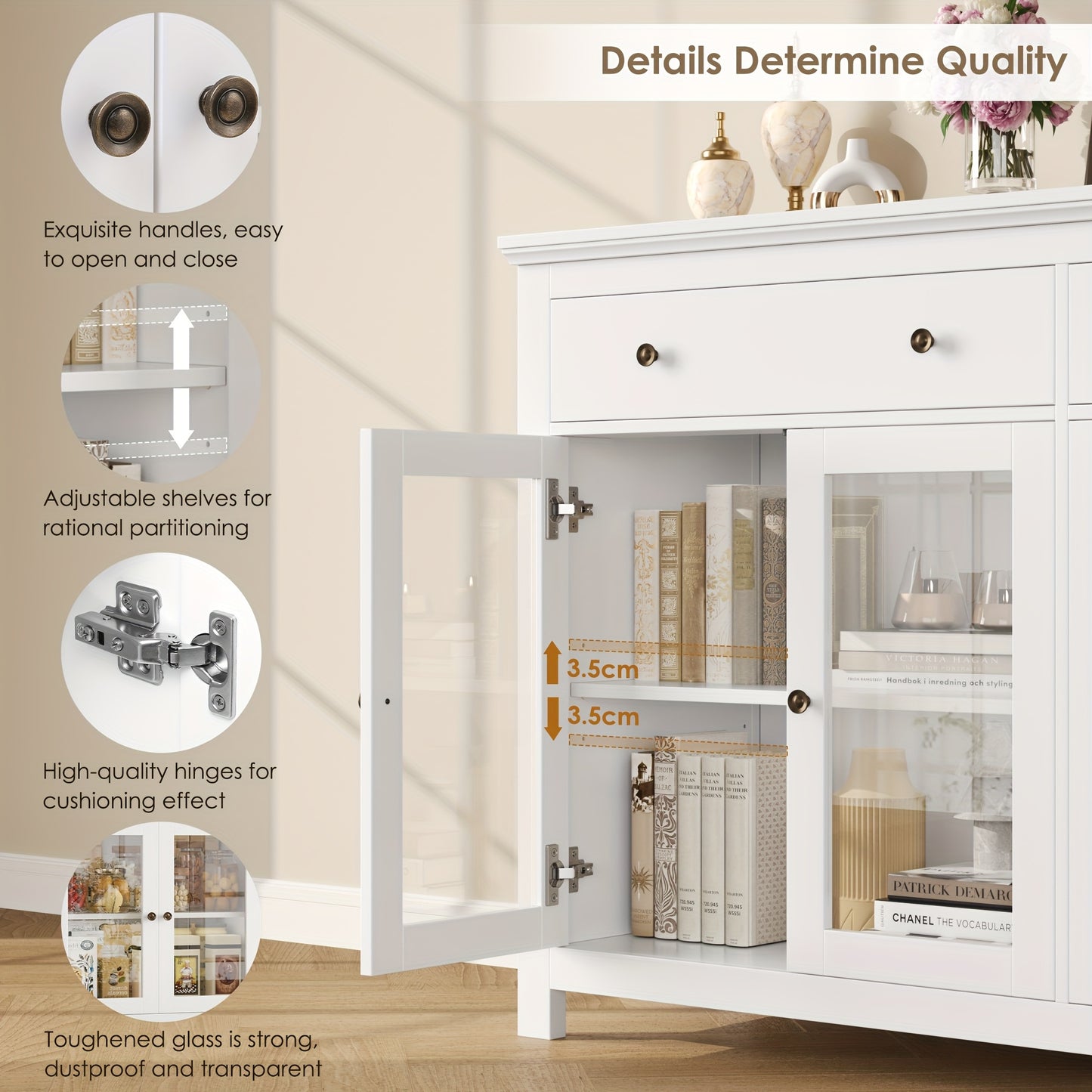 Opbergkast – Dressoir – Buffetkast – Sideboard – Vitrinekast – Hout – Glazen Deuren – Compact Minder Dan 70 cm Hoog - Wit