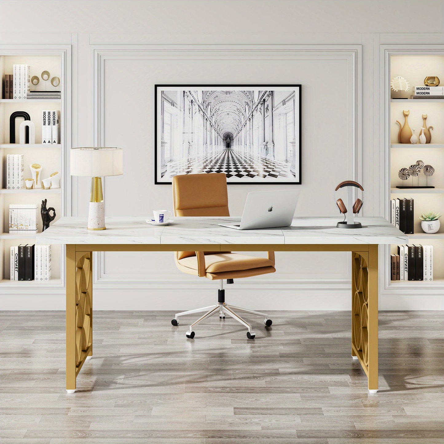 Conferentietafel – Vergadertafel – Bureautafel – Ontmoetingstafel – Werktafel – Wit met Gouden Accenten – Verstelbare Hoogte 68,5 cm – Stevig MDF Tafelblad en Metalen Frame