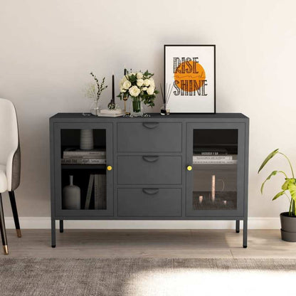 Sideboard – Dressoir – Kast – Opbergmeubel – Buffetkast – Antraciet – Staal en Gehard Glas – Compact en Verplaatsbaar